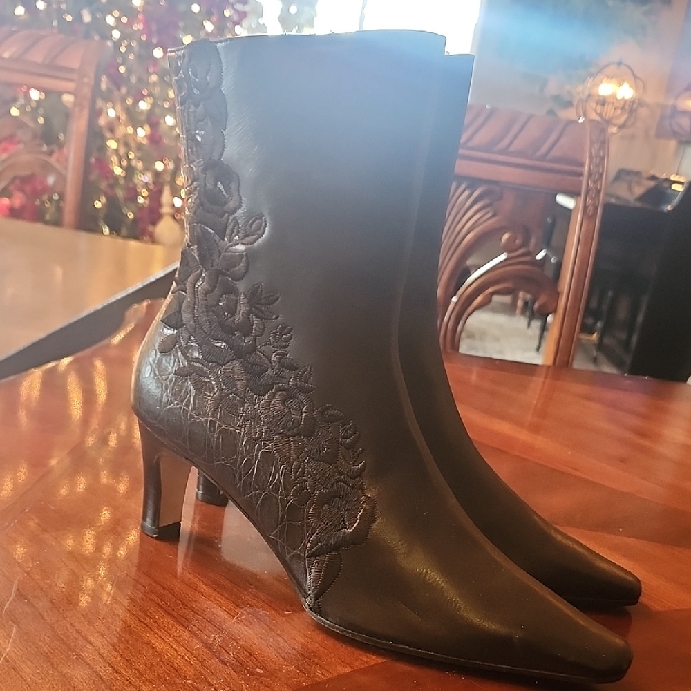 Vaneli Black Floral Heeled Boots